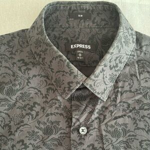 Express Men's Charcoal Patterned Button-Down Shirt